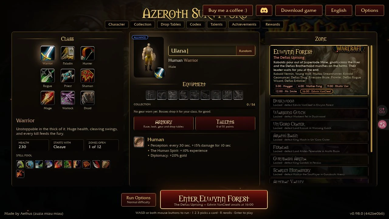 Azeroth Survivors menu showing classes, equipment, and Elwynn Forest