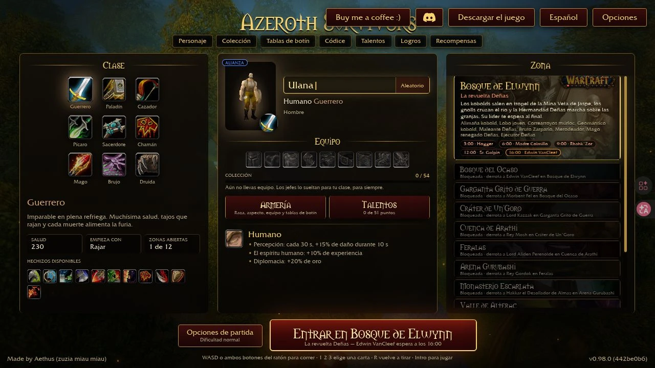 Menú Azeroth Survivors que muestra clases, equipos y el bosque de Elwynn