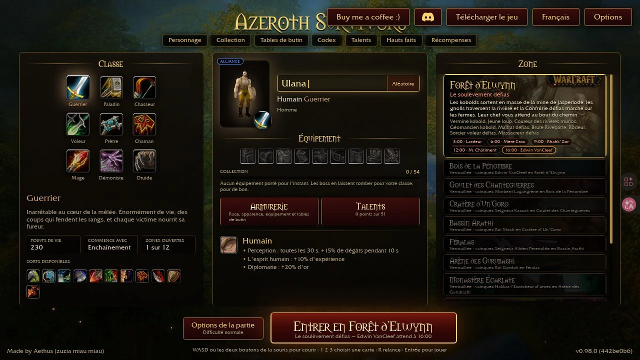 Menu Azeroth Survivors affichant les classes, l'équipement et la forêt d'Elwynn