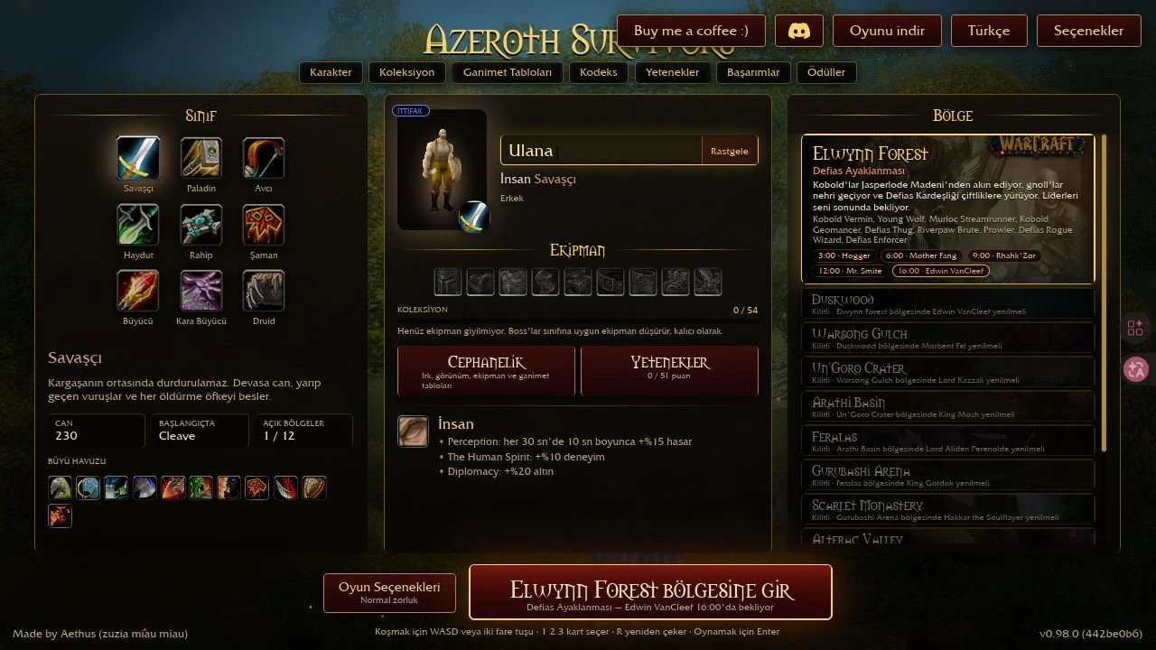 Sınıfları, ekipmanları ve Elwynn Ormanı'nı gösteren Azeroth Survivors menüsü